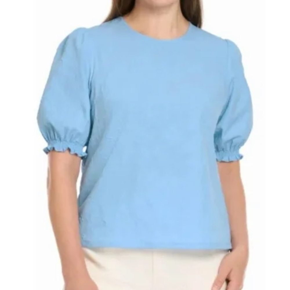 Ted Baker Blue Floral Textured Short Sleeve Blouse Size Large. NWT
